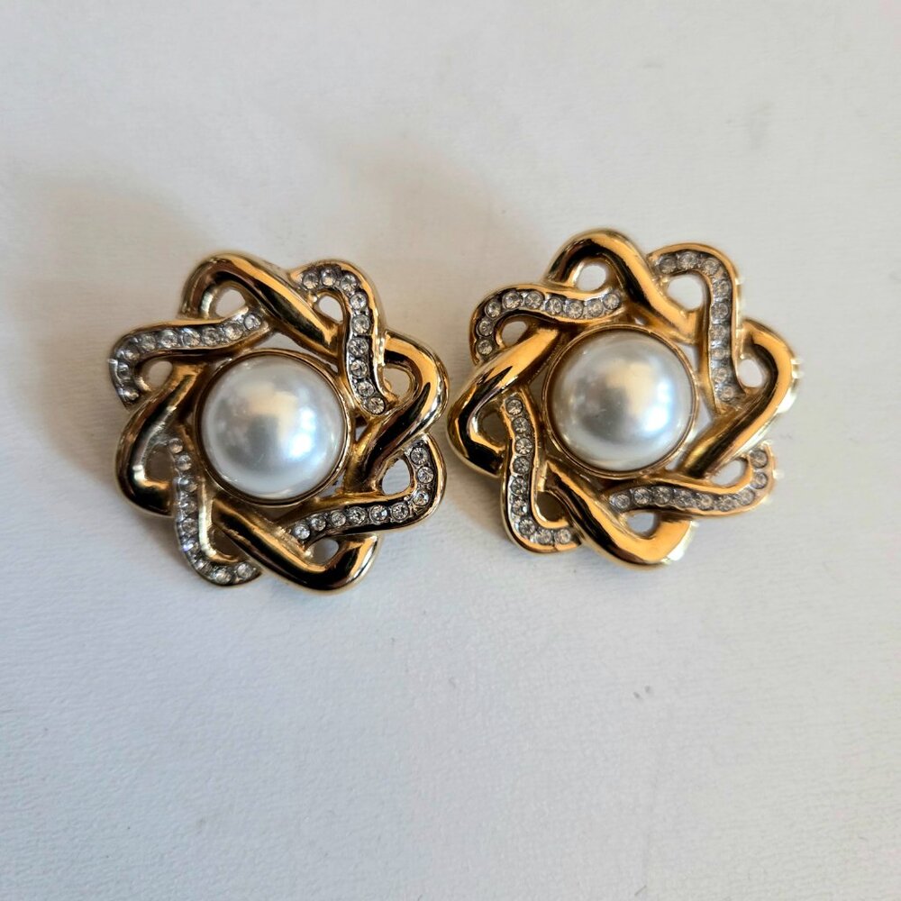 Vintage Butler large oversized clip on earrings w faux pearls clear rhinestones.